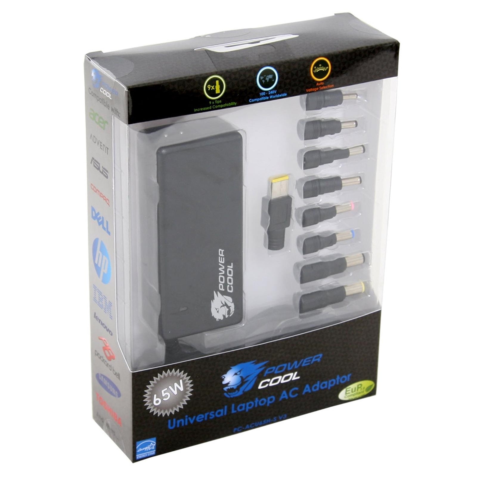 Powercool Universal 65W Auto Sense Power Adapter (8 tips)-PCR Business Solutions Ltd